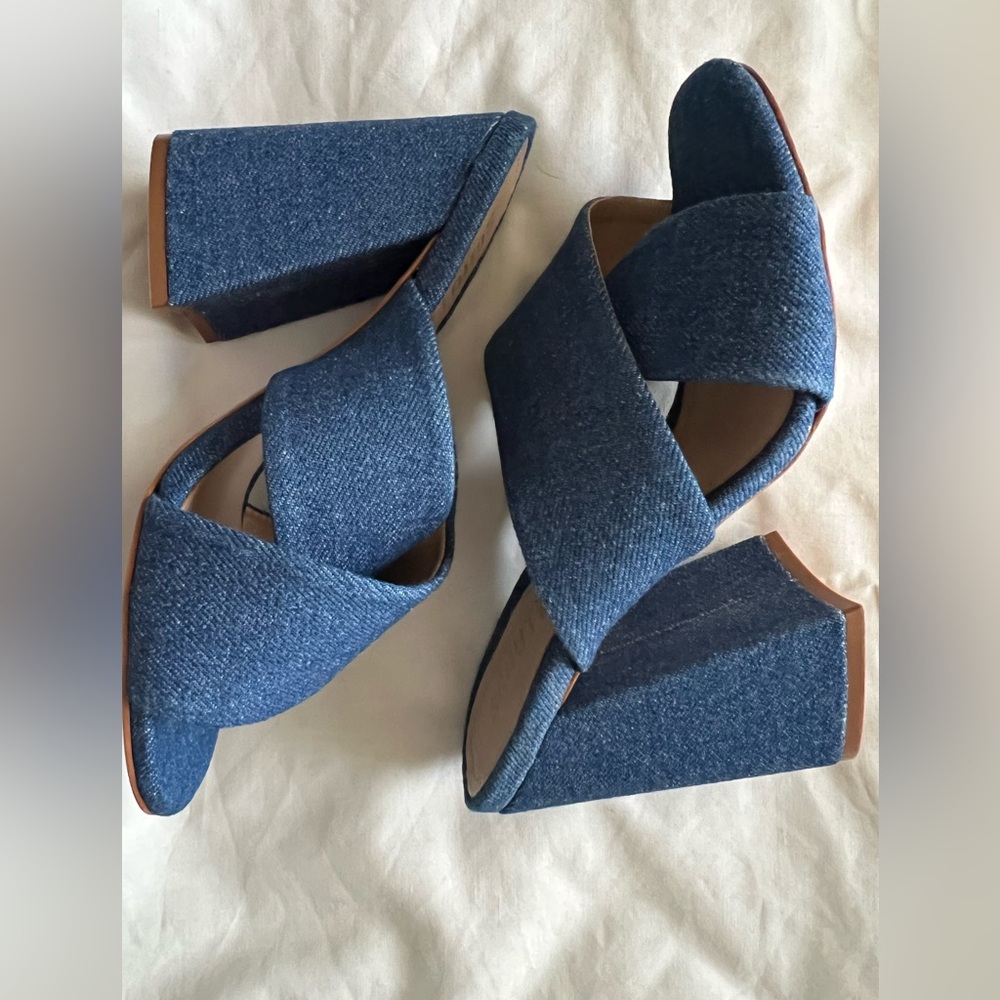 SCHUTZ Denim Blue Crisscross Wedge Sandals